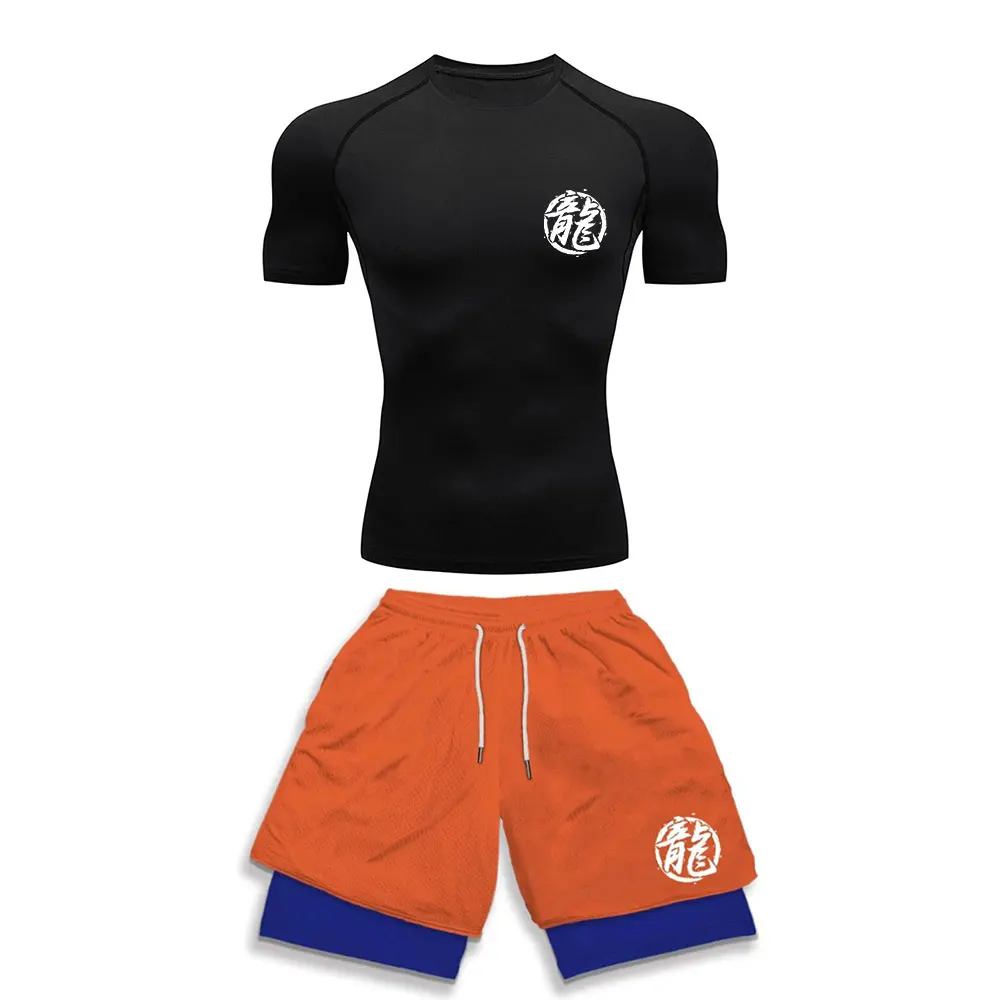 

Anime Print GYM Compression Set Running Sport Fitness Suit for Men Compression Shirt+Gym Shorts 2PCS Summer Workout Sportwear