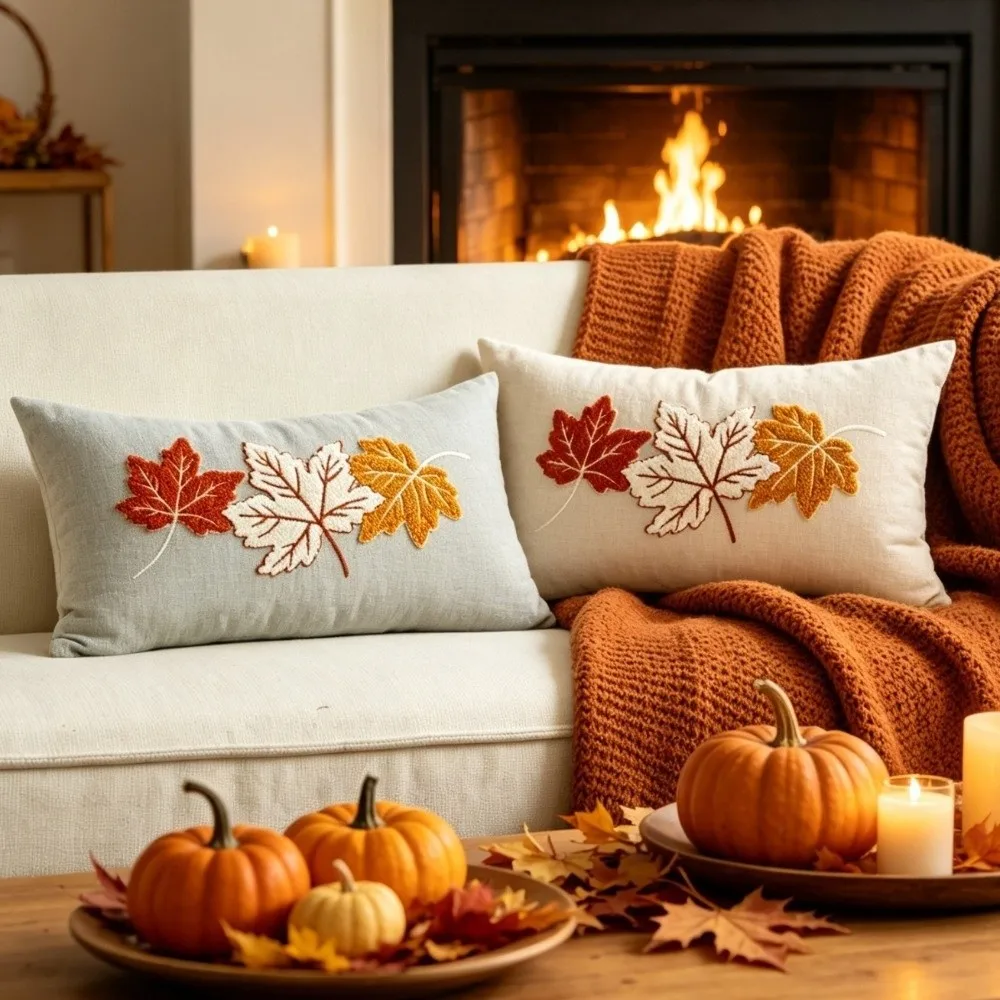 Chenille Throw Pillow Covers Maple Leaves Zipper Closure Fall Pillow Covers Pumpkin Orange Beige Halloween Pillowcase Sofa Decor