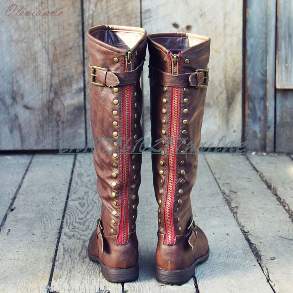 

Retro Style Back Zipper Mid Calf Boots Round Toe Rivets Decor Flat with Leather Women Shoes 2025 Spring Zapatos Para Mujere