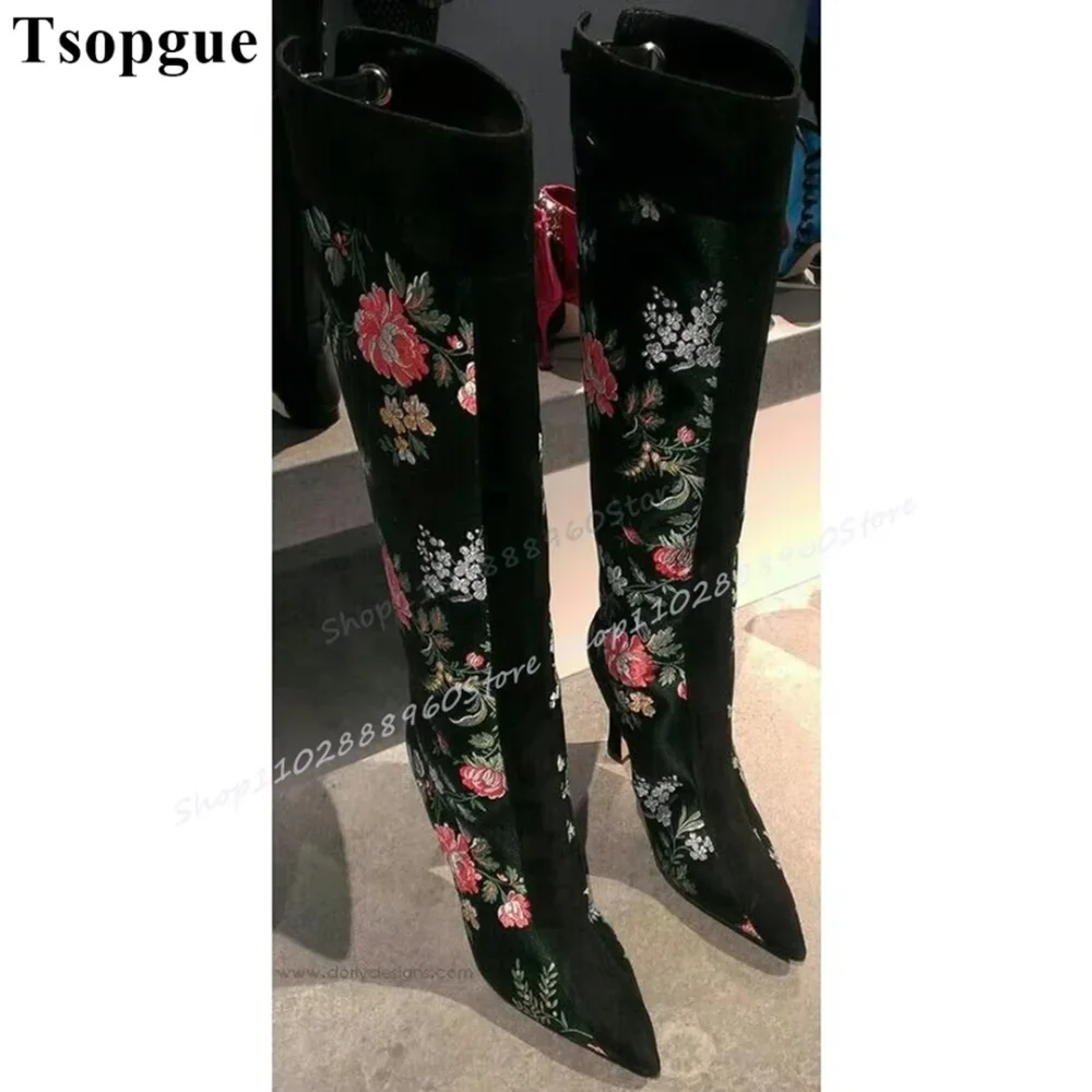 

Knee High Black Flower Print Patchwork Boots Thin High Heel Shoes For Women Pointed Toe Luxury Casual Trending Women Boots