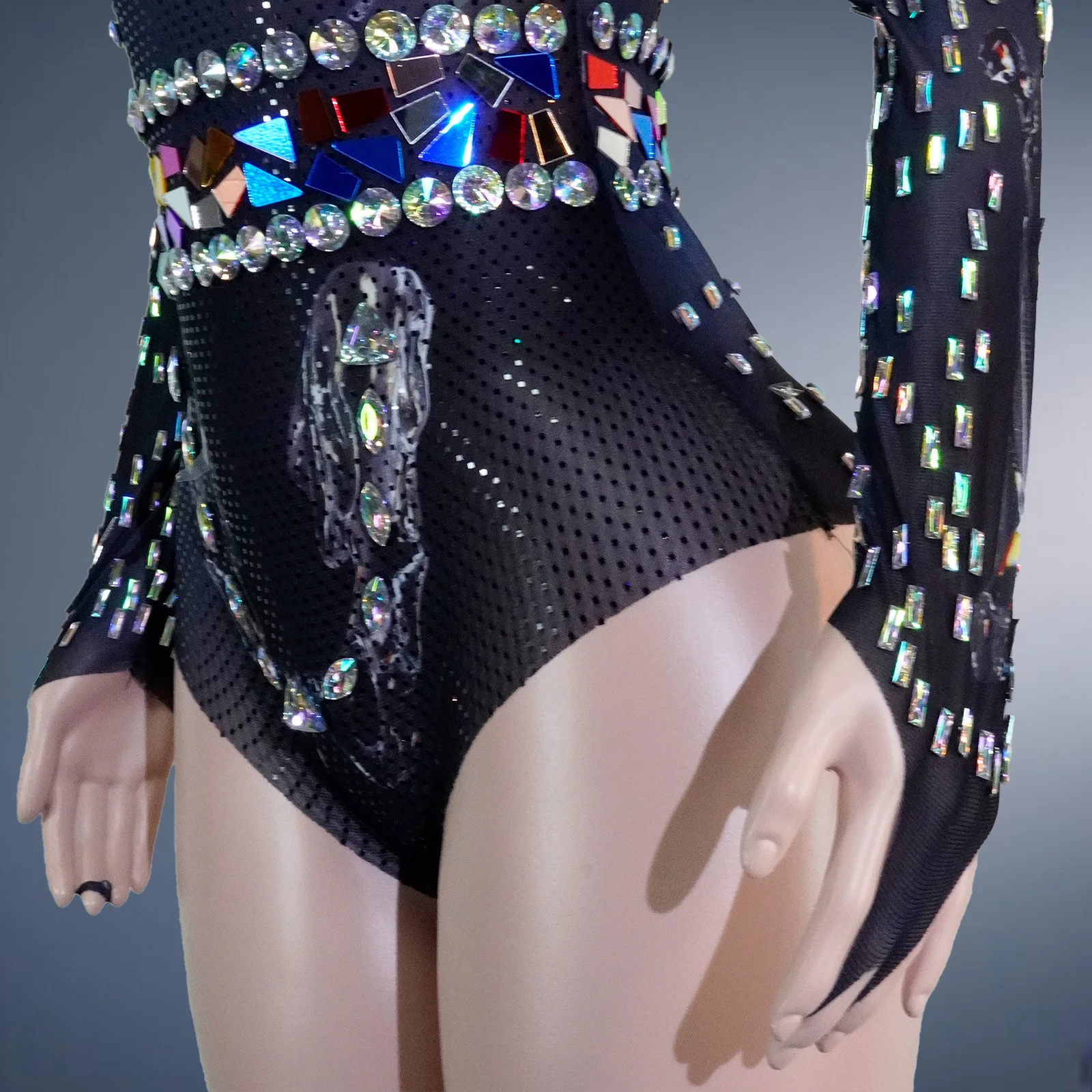 여성 원피스 바디수트 메쉬 크리스탈 라인스톤 스팽글 오프숄더 긴팔 바디콘 클럽웨어 드랙퀸 골드 댄스 의상