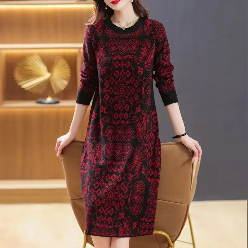 Women's Vintage Print Round Neck Loose Floral Dress Spring Autumn Knit Base Layer Dress Casual Dress