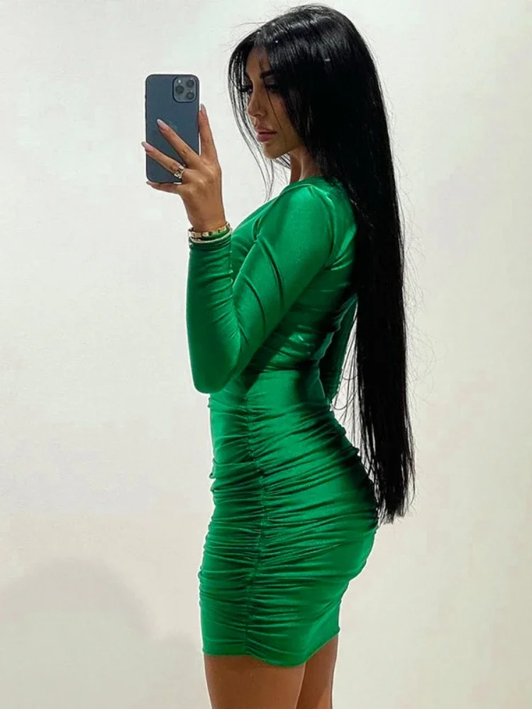 Vestidos ajustados De manga larga para Mujer, ropa Y2k, cuello en V, ropa De calle Sexy, verde, pliegues, trajes De dama De moda