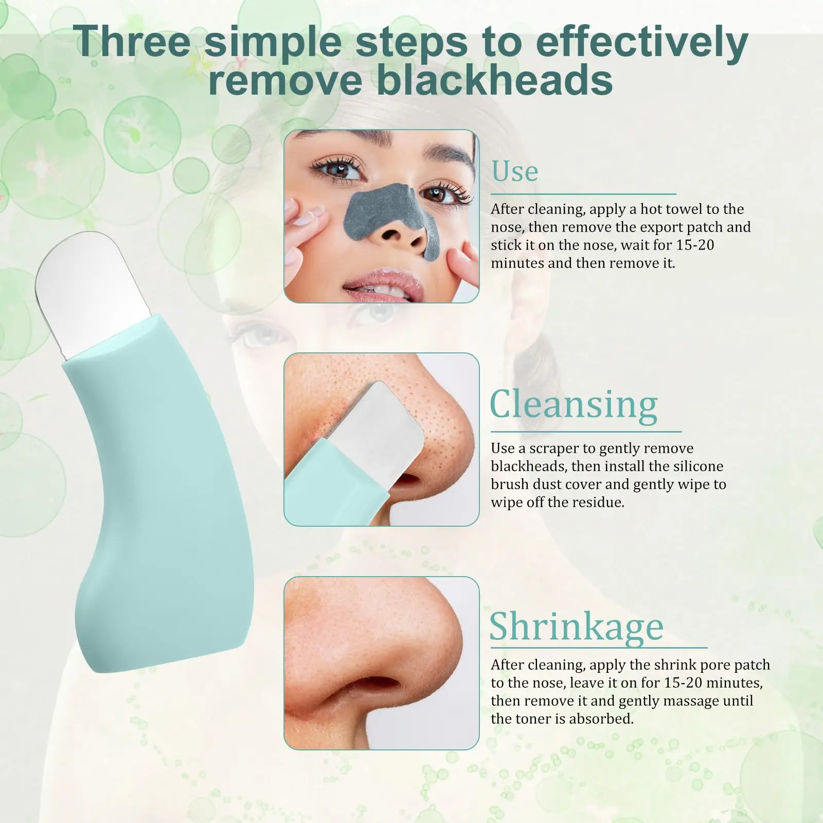블랙헤드 제거 도구, 스테인레스 스틸 얼굴 스크레이퍼 도구, 블랙 헤드 추출기, 피부용 방진 커버가 있는 실리콘 브러시