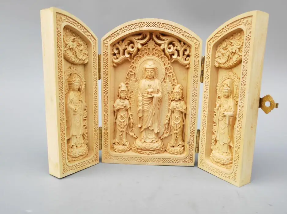 Chinese Boxwood carving Sakyamuni Guanyin bodhisattva Buddha statue Folding box