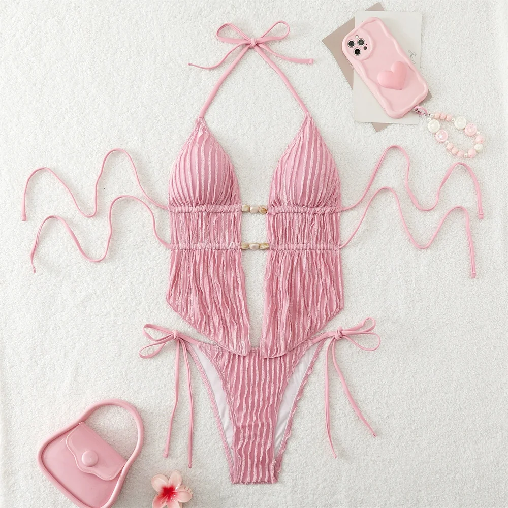 Mirco Beaded String Bikini Pleated Swimsuit Women Backless Tankini 2 Piece Outfit Lace Up Set Beach Brazilian Vacation Swimwears