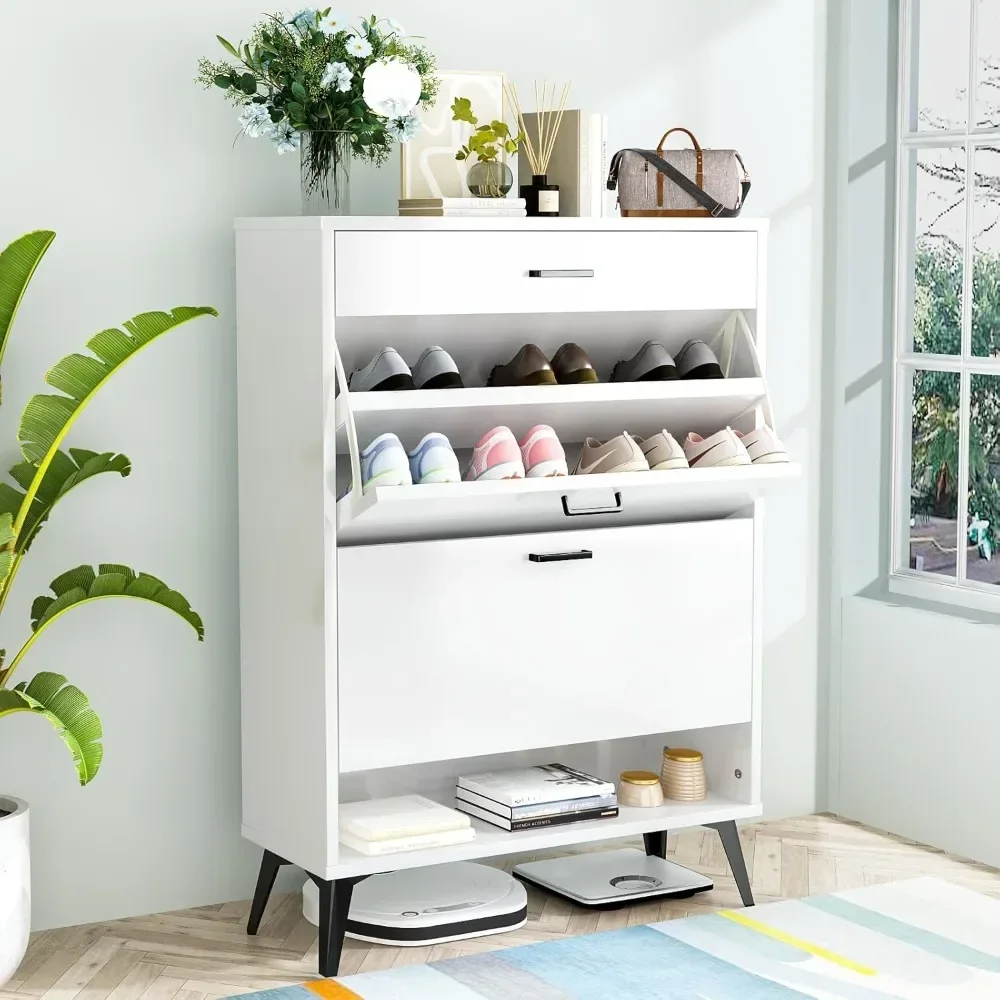 Shoe Storage Cabinet for Entryway, Free Standing Shoe Organizer with 2 Flip Drawers，Hidden Shoe Rack Storage Organizer