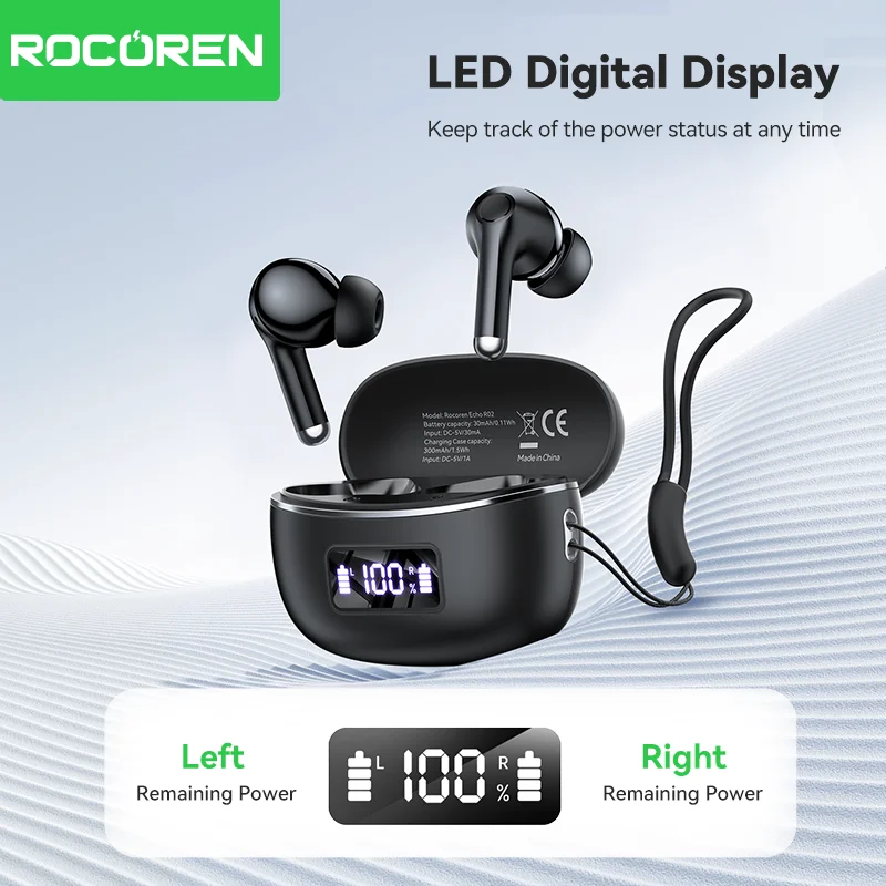 Rocoren Echo R02 In-Ear Digital True Wireless Bluetooth Headset Bluetooth 5.4 Noise Cancelling With Microphone Bass Stereo Sound