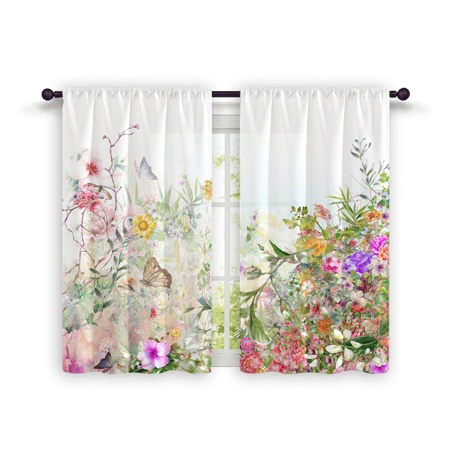 2pcs Soft and Elegant Watercolor Floral Semi-blackout Curtains Above Kitchen Sink for Home Bedroom and Living Room Shade Cloth