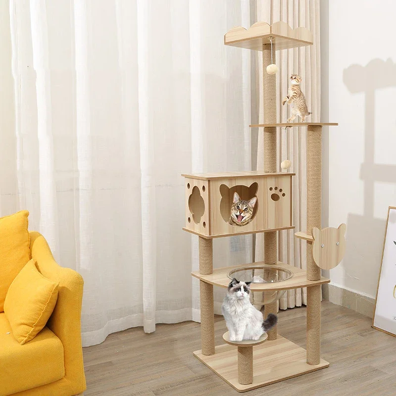 

Aaa Cat Tree House Condos Многослойная деревянная кошачья башня с сизалевой веревкой Когтеточки Плюшевая рама для скалолазания Тканевый гамак