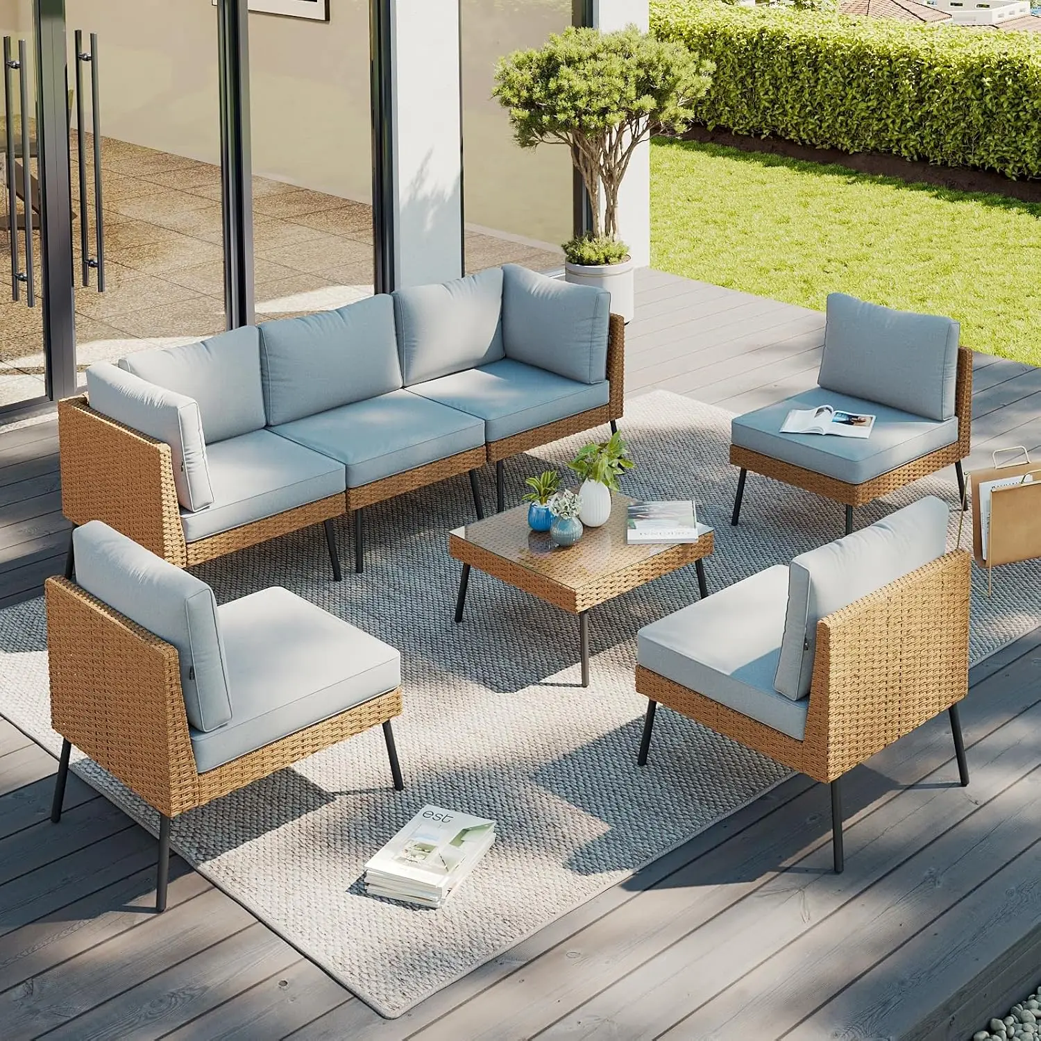 

7pc Outdoor Sectional Sofa Set Thick Cushion Wicker Coffee Table Patio Garden Backyard Grey Customized