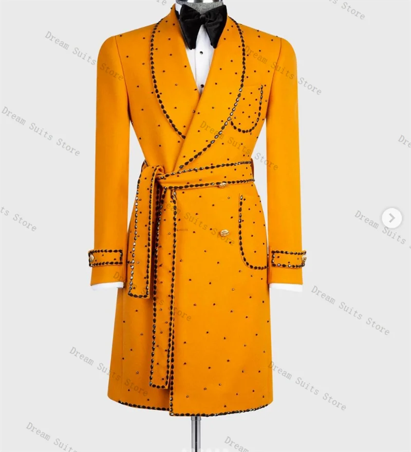 

Cashmere Men Suit 1 Piece Long Blazer Wool Luxury Crystals Stone Customized Formal Office Jacket Groom Wedding Tuxedo King Coat