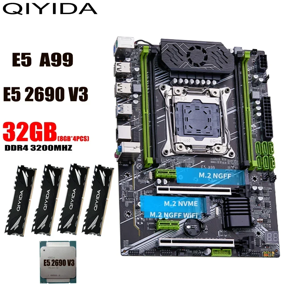 

QIYIDA X99 motherboard set kit xeon LGA2011-3 E5 2690 V3 4*8gb=32GB 3200MHz DDR4 NVME M.2 NGFF SATA 3.0 nvme M.2 ATX 4 channels