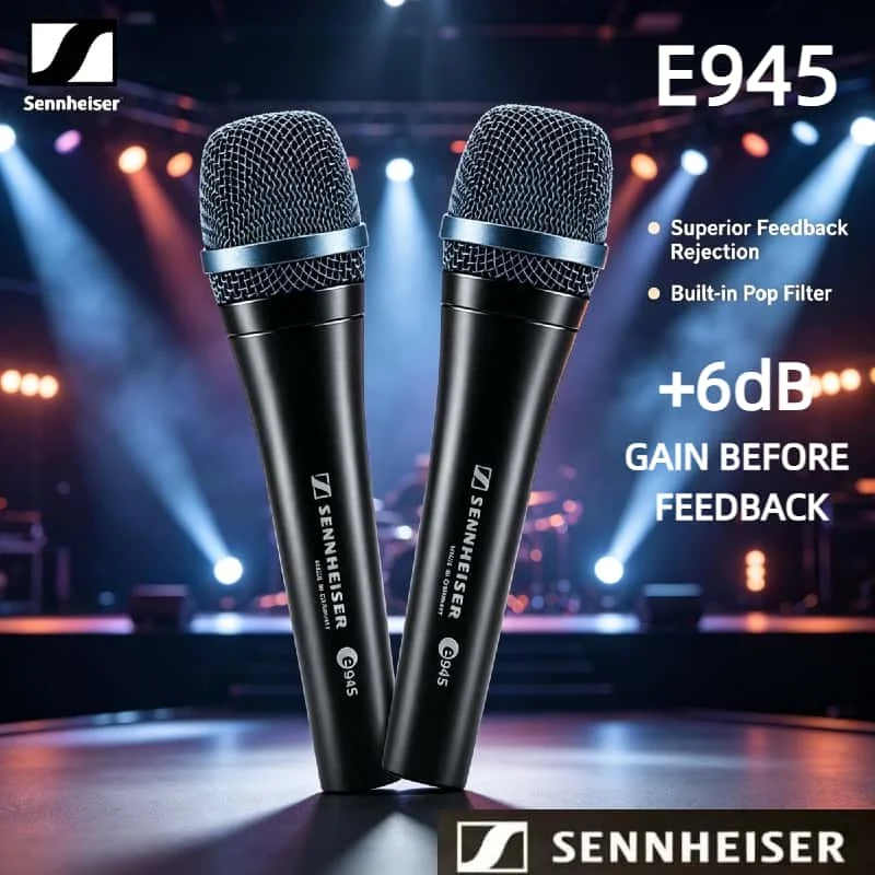 

Комплект из 2 динамических микрофонов Sennheiser E945 (2 шт.) с суперкардиоидной диаграммой направленности для живого вокала, проводные, профессиональные, для сцены, черные