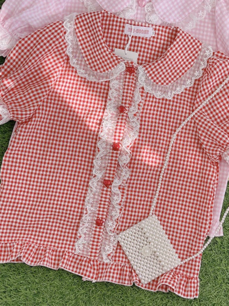 KOSAHIKI Lolita Blouse Retro Plaid  Women Lace Ruffle Shirt Peter Pan Collar Short Sleeve s Top  Vintage Blusas