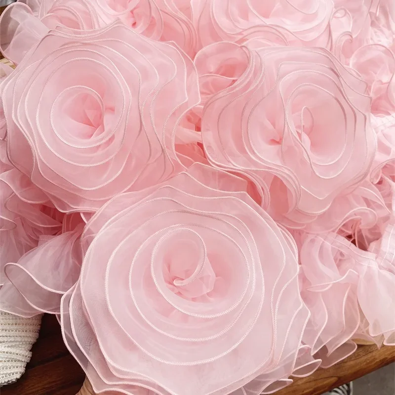 12 Pcs Pink Large Flowers Organza Fluffy Flowers Wedding Dress Bridal Hair Accessories Clothing Sewing Supplies
