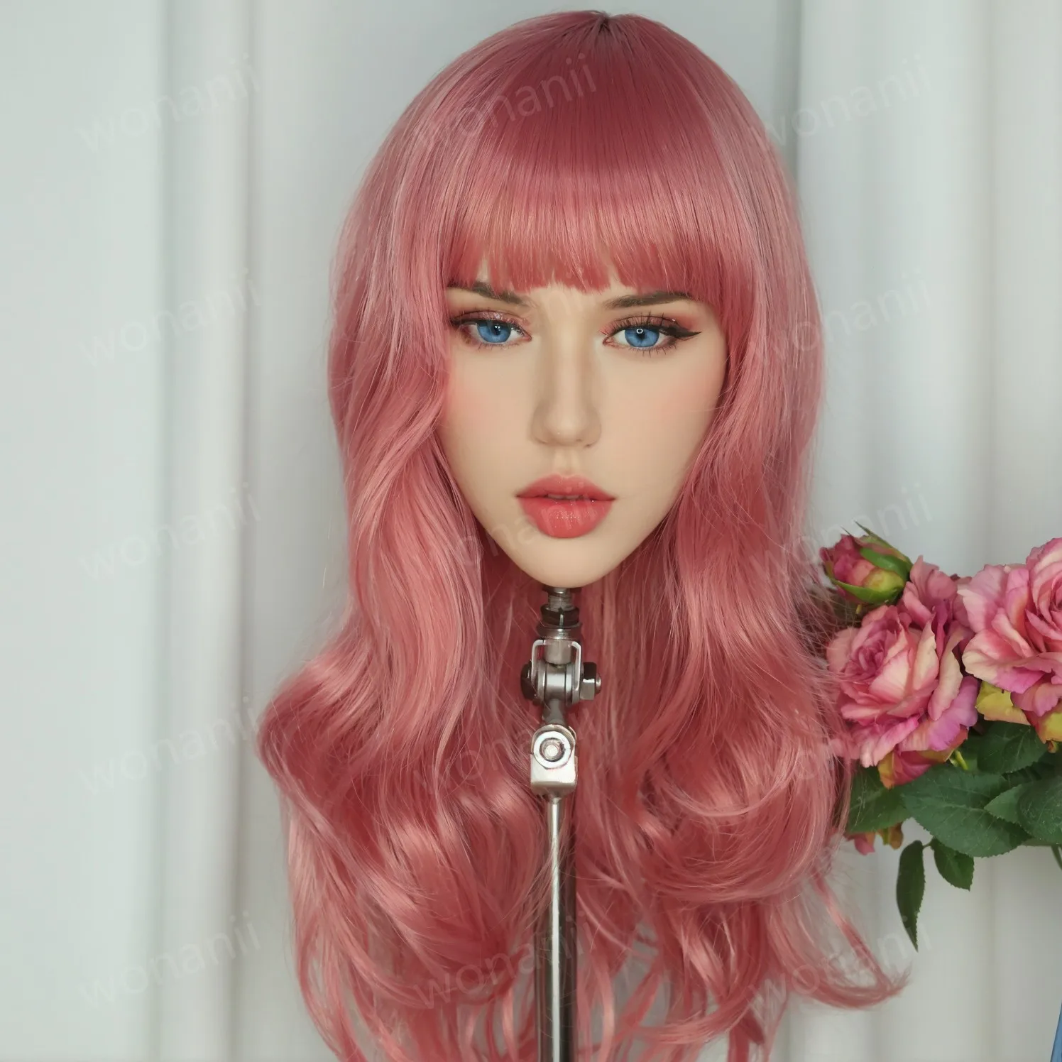 새로운 여성 머리 모델, 핑크색 가발, 성인 남성 장난감, 부드러운 질감, TPE 소재, 여성 머리 모방, 매우 멋진 여성 머리, 선물