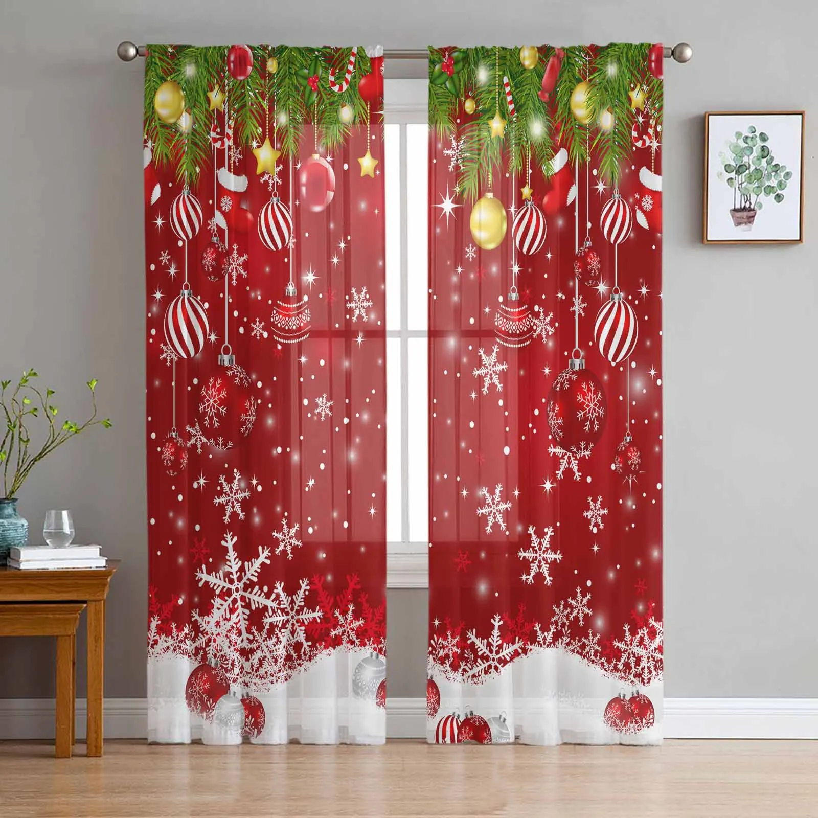 Christmas Balls Snowflakes Pine Branches Tulle Curtains for Living Room Decoration Modern Chiffon Sheer Voile Christmas Curtains