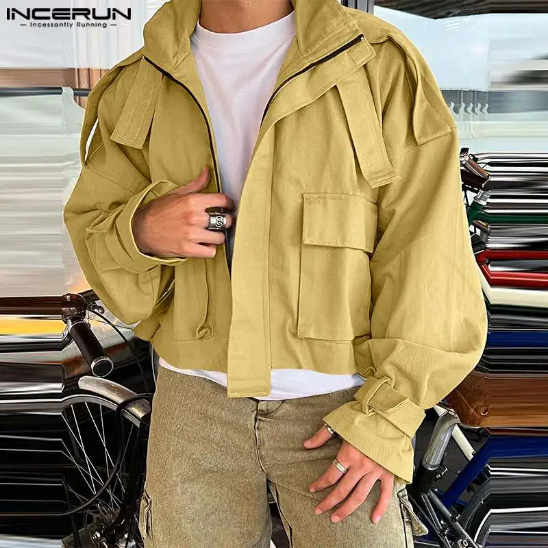 INCERUN Men Jackets Solid Color Stand Collar Long Sleeve Pockets Casual Male Coats Streetwear 2024 Zipper Fashion Jackets S-5XL