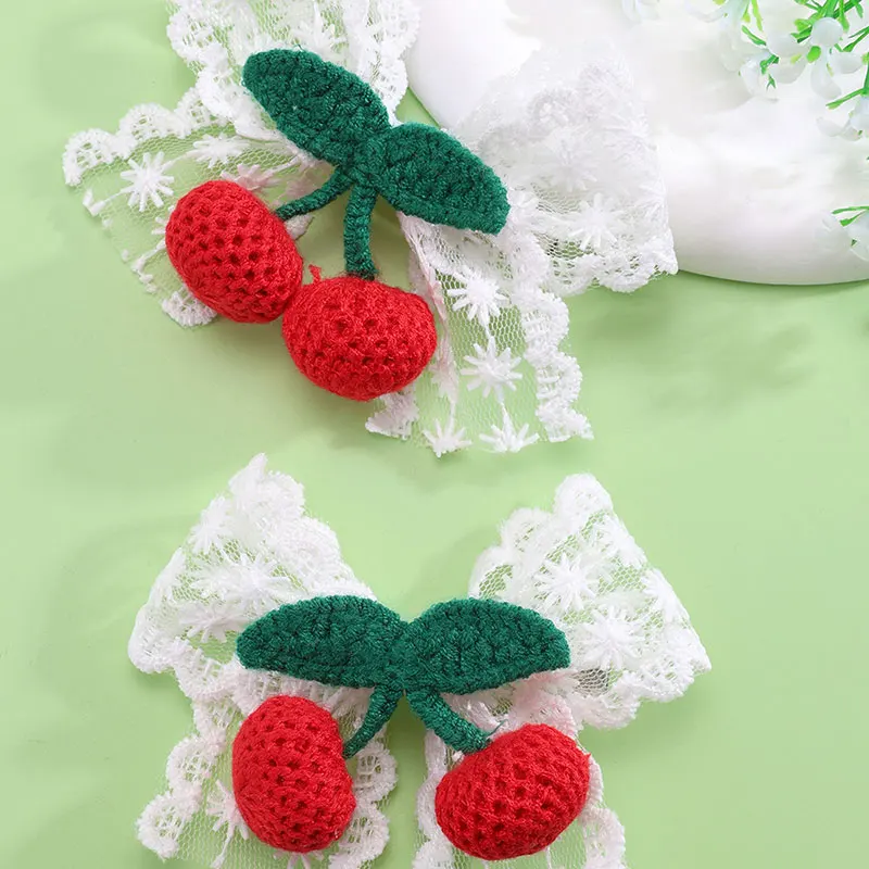 2pcs New Cherry Flower Wool Knitting Hairpin For Girls Sweet Lace Hair Bow Clips Kids Hairgrip Barrette Hair Accessories