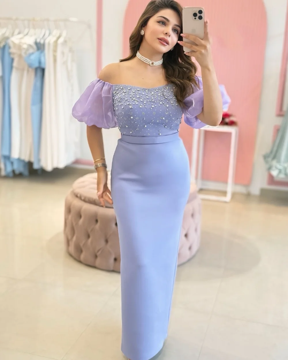 

Customized Modern Style Elegant Jersey Rhinestone Pleat Mermaid Off-the-shoulder Ankle Length Dresses Bespoke Occasion Dresses