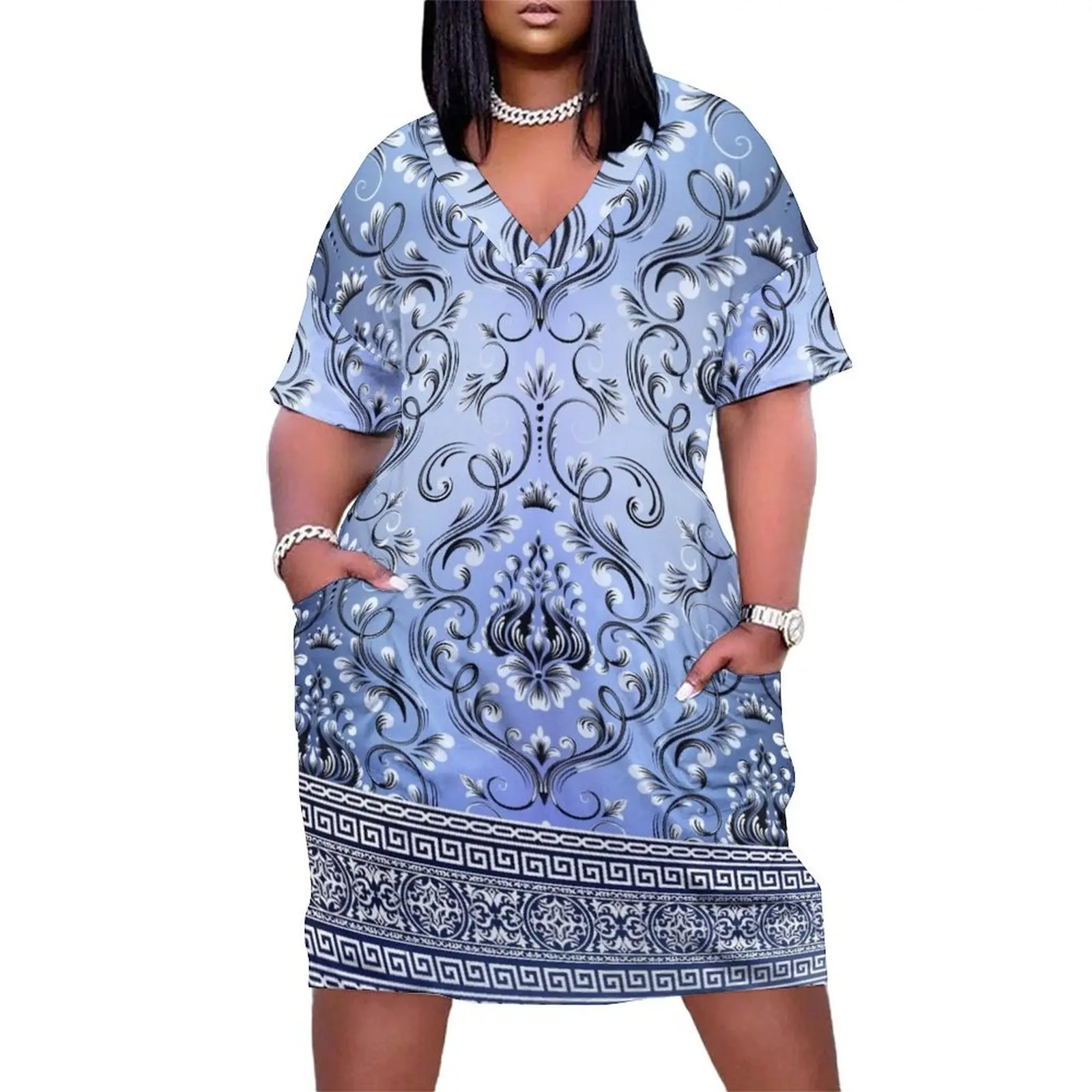 

Greek Key Ornate Floral Baroque Black Silver and blue Loose Pocket Dress elegant dress Aesthetic clothing dress