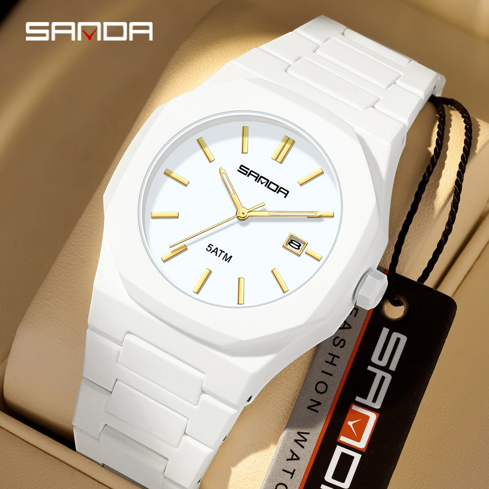 2025 SANDA Fashion Men's and Women's Quartz Watch, 5ATM Waterproof Octagonal White Dial, Matte Student Watch 9091