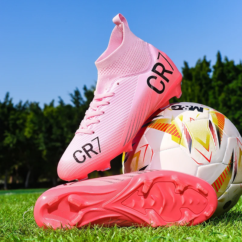 

A pair of children's high-top firm-ground soccer cleats sock-like fit non slip multi-stud lawn training football shoes MZ-2606-1