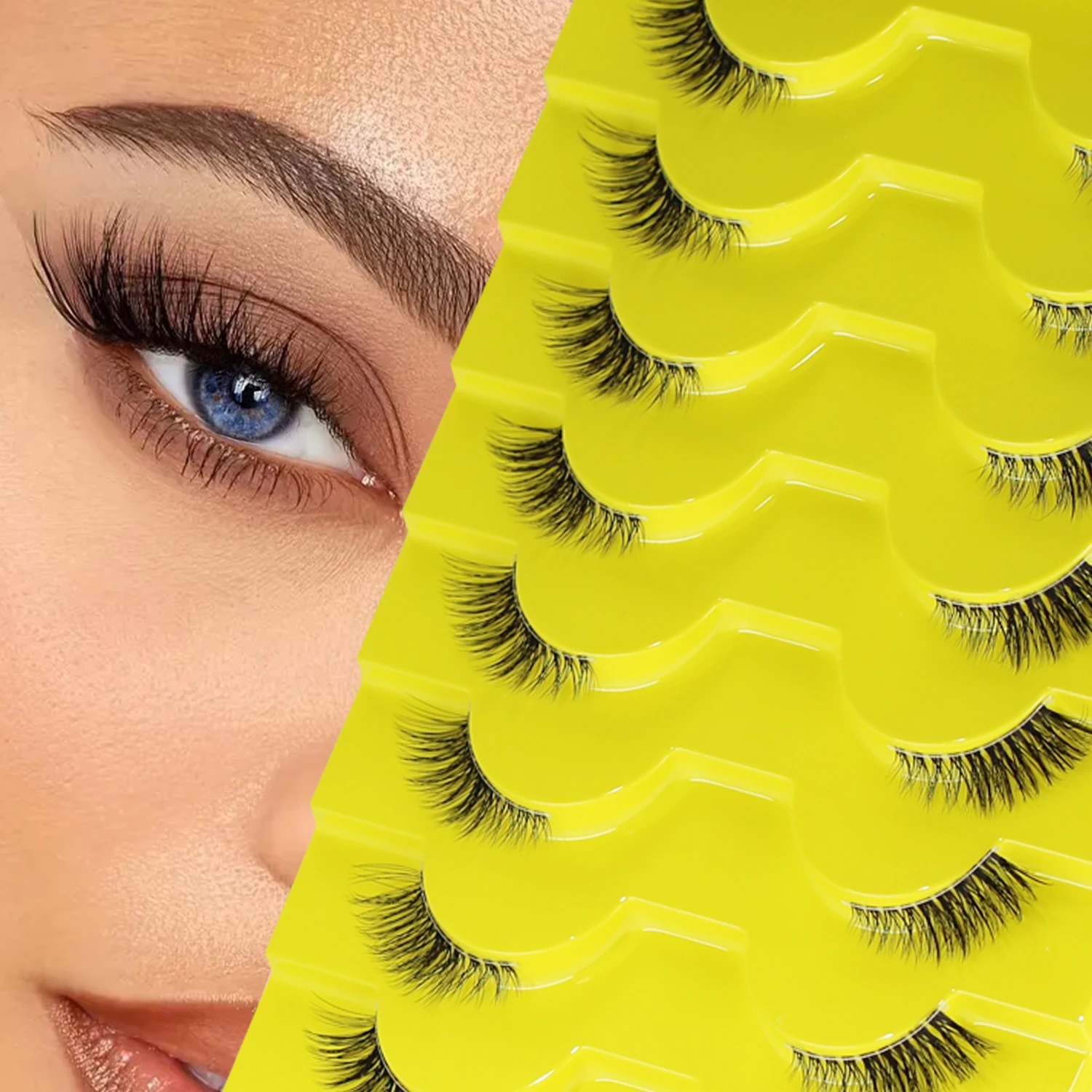 Halbwimpern, natürlicher Look, 10 Paar, dünne Katzenaugenwimpern, 18 mm, flauschige falsche Wimpern mit transparentem Band, kurze Halbwimpern