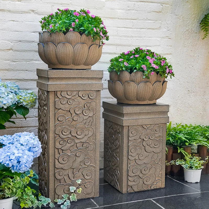 

Garden Entrance Decorative Pillar Lotus Flower Pot Ornament New Chinese Imitation Stone Display Column