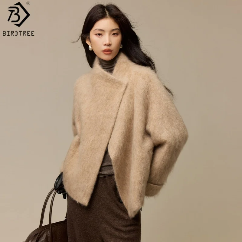 Birdtree, 90% Wool Brushed Coat, Women Stand Collar Full Sleeve Jacket, Button Warmth Short Tops, 2026 Autumn Overcoat T6O614JF