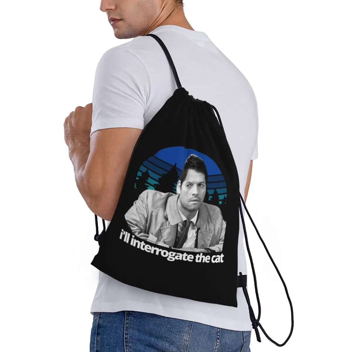 

Supernatural Castiel Interrogate The Cat Backpacks Multi-function Drawstring Bags Sports Bag Book Bags for Travel School