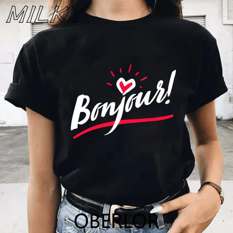 Bonjour Heart Print Women T Shirt France Graphic Short Sleeve O Neck Loose Women Tshirt Ladies Tee Shirt Tops Camisetas Mujer