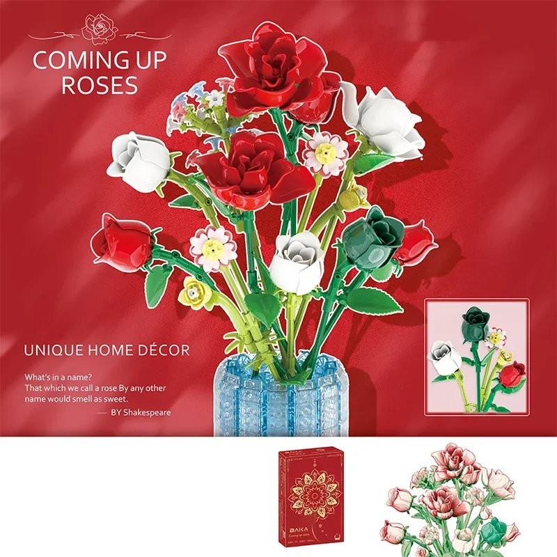 1016PCS Rose Bouquet Bausteine Ewige Blume Vase Modell Hause Dekoration Pädagogisches DIY Spielzeug