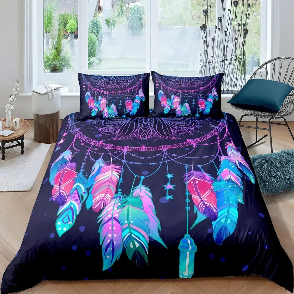Dream Catcher Duvet Cover Set Kids Bohemian Mandala Bedding Set King Size Tie Dye Purple Boho Floral Gypsy 2/3pcs Quilt Cover