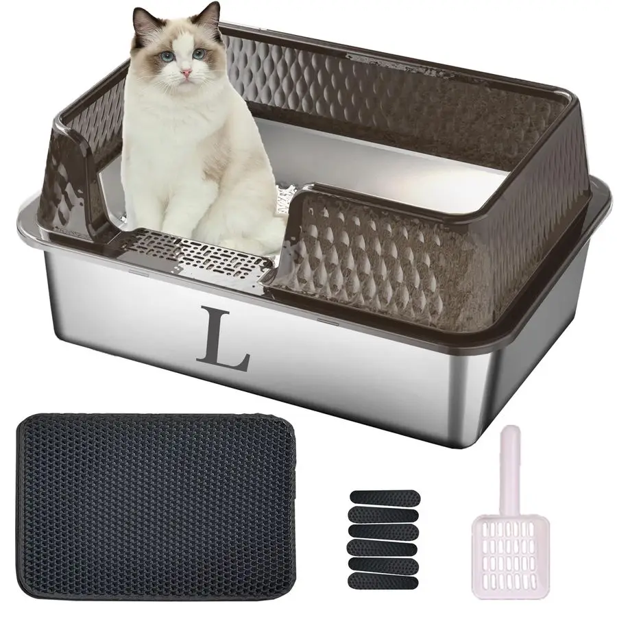 

Small Stainless Steel Litter Box Side Entry High Walls Deep Kitty Litter Boxes with High Side Removable Lid, Litter Mat and Scoo