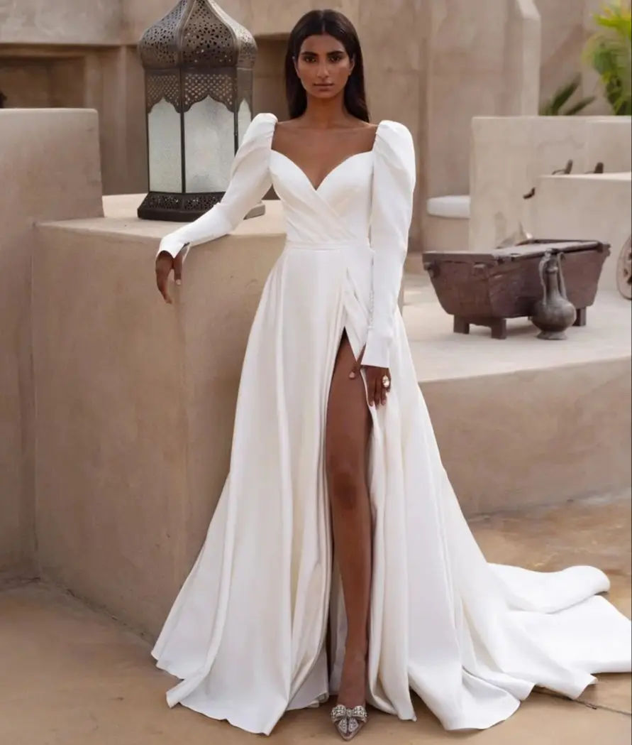 

Simple Satin A Line Wedding Dresses Sweetheart Long Sleeves Bridal Gowns Side Split Sweep Train Customized Vestidos De Mariee