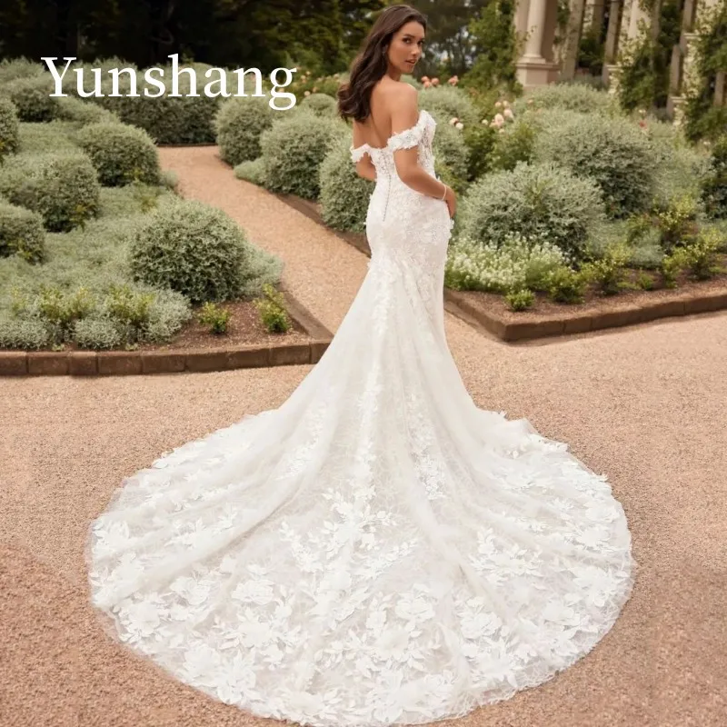 Yunshang Elegante off-shoulder zeemeermin trouwjurk liefje kant open rug bruidsjurk trein vestidos De Novia aangepast