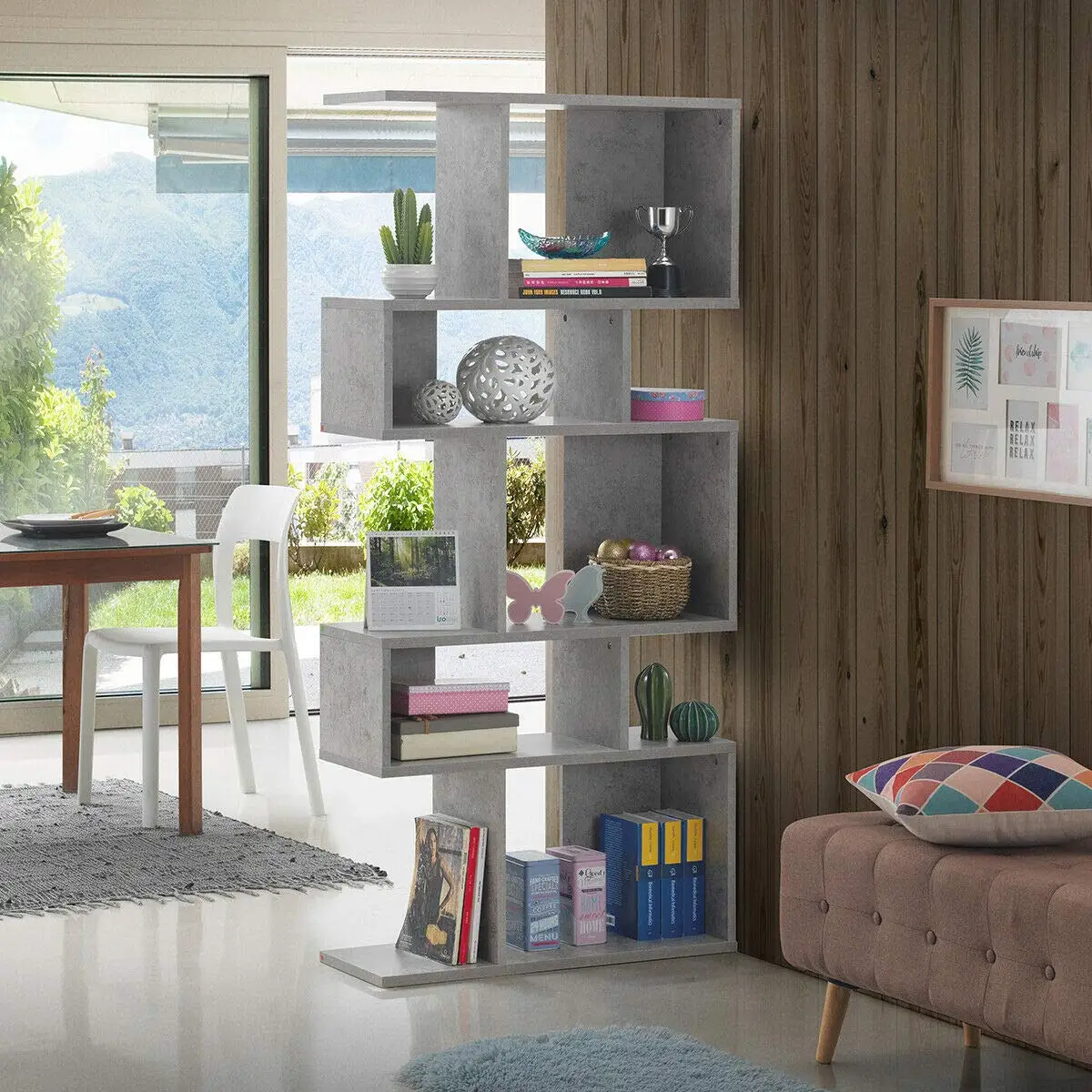 #5-Tier Geometric Bookshelf, 70" Tall Wood Freestanding Decorative Display Open Shelves
