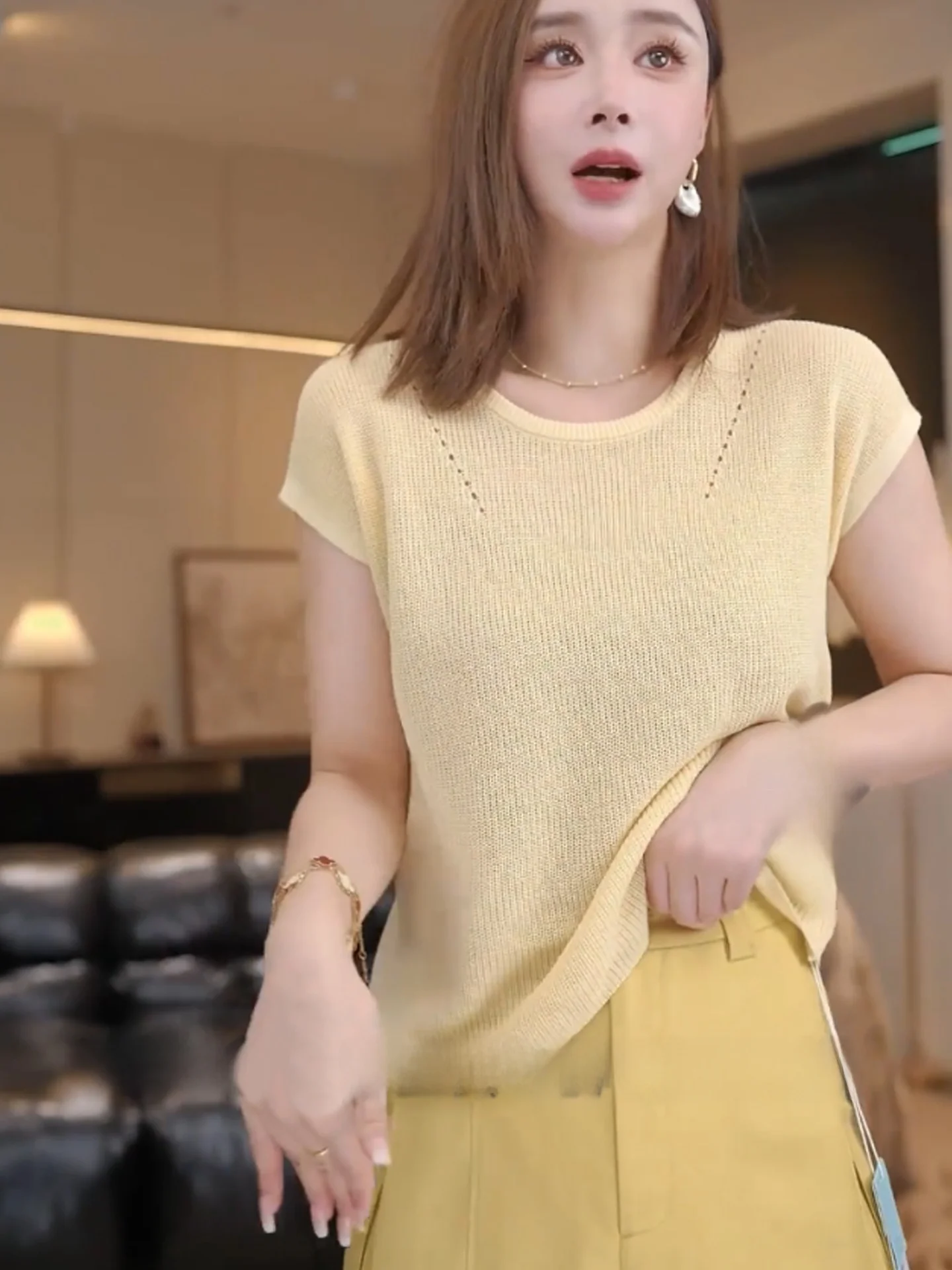 Casual round Ne ort Sve Knitted Top Women's Pure Color Design Summer Leisure Faionable Straight Cut Basic Sle
