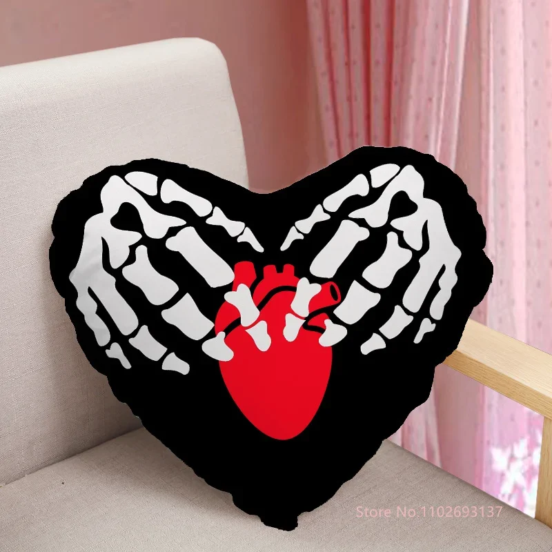 Skull Heart Shaped Pillow Case For Sofa, Custom Decorative Gift, Satin Fabric, Not Fade, Gothic Decoration, 41x36cm, 47x42cm