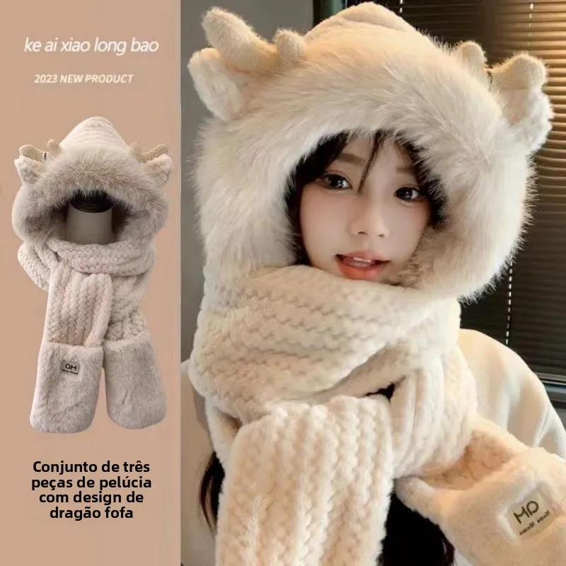 warm-velvet-deer-antler-hat-scarf-gloves-hooded-three-piece-set-for-women-cute-autumn-winter-fashionable-thermal-neck-warmer
