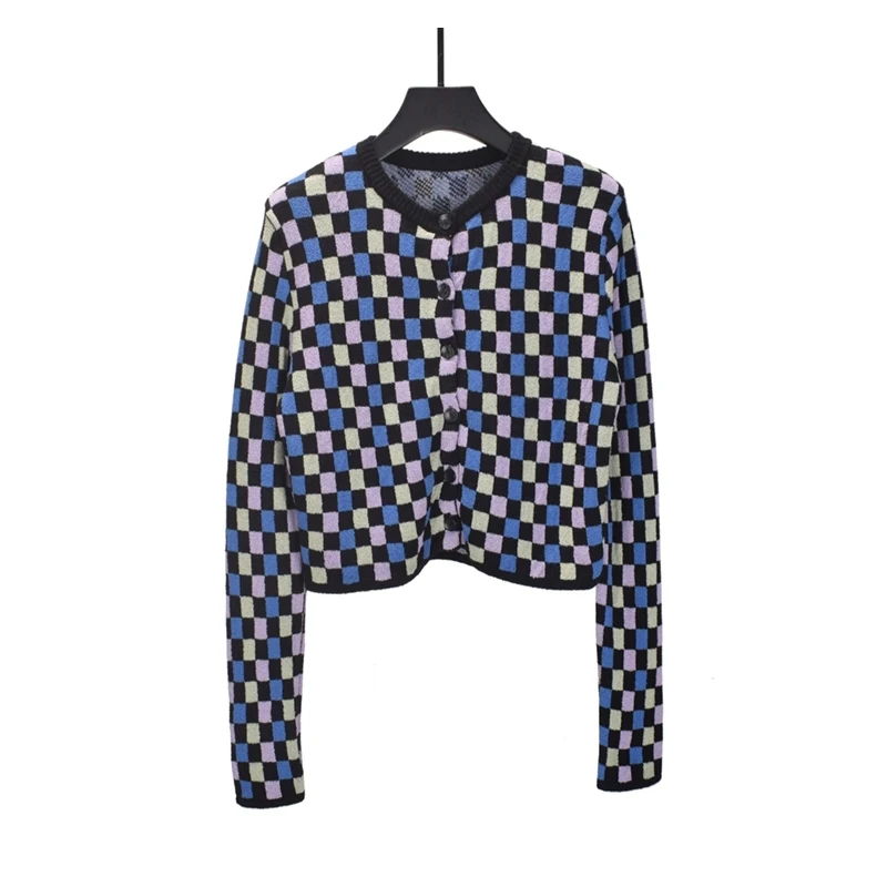 Cardigan Sweater Luxury Designer Women Lattice Splice Checkerboard Plaid Knitted Coat O Neck Slim Fit Fashion Lady Knitwear Top