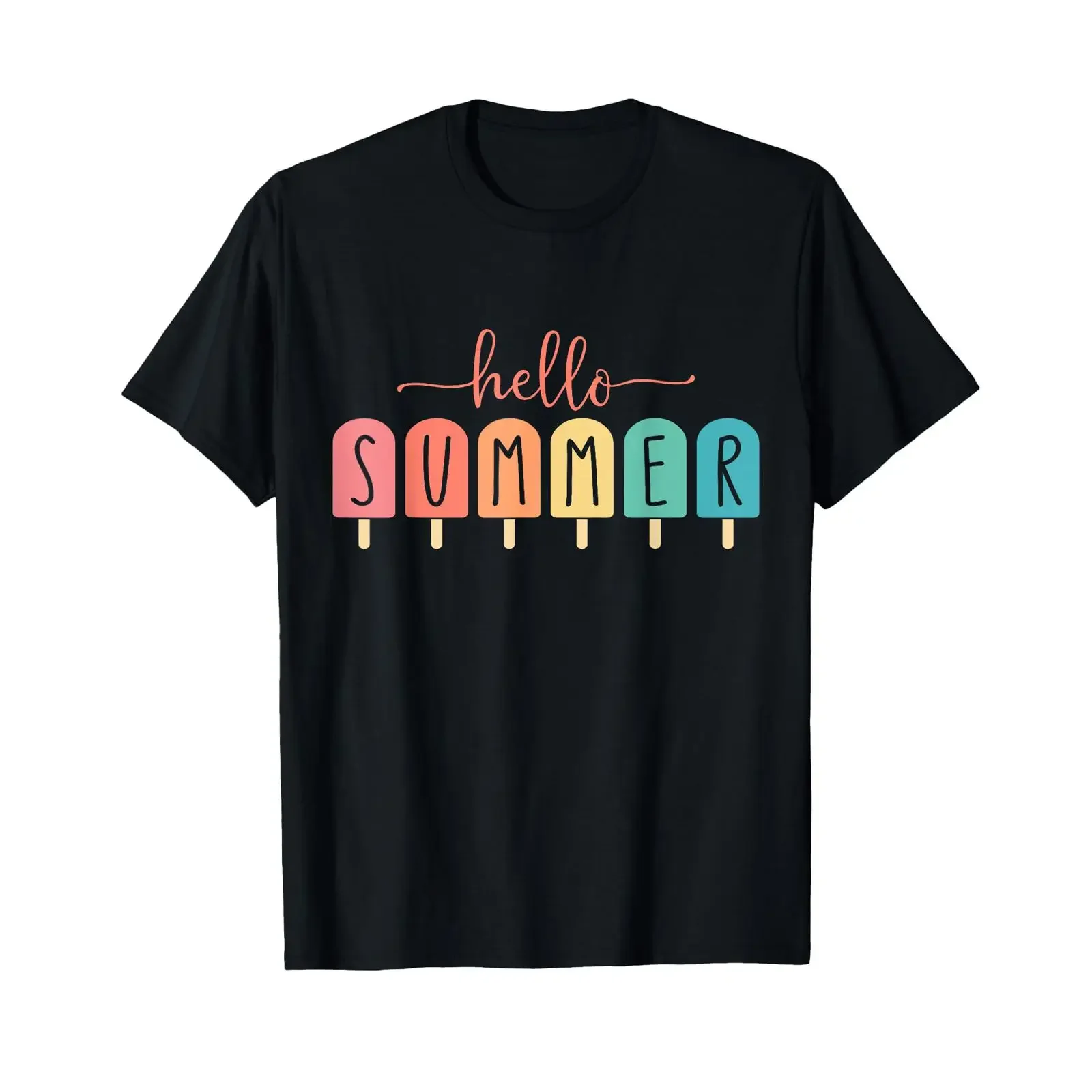 Hello Summer Vacation Ice Cream Popsicle Lolly Girls Kids T Shirt vintage Washed Casual Stylish graphic Stretched Versatile