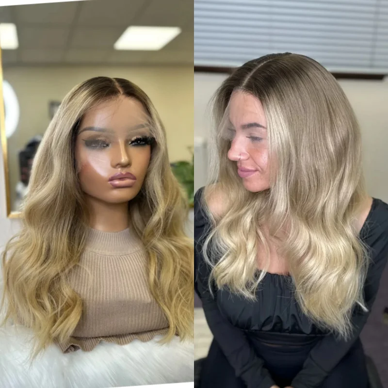 Party Wig Ombre Golden Blonde Balayage Wig with Ash Brown Roots Heat Resistant Fiber Synthetic Hair HD Lace Glueless Jewish Wigs