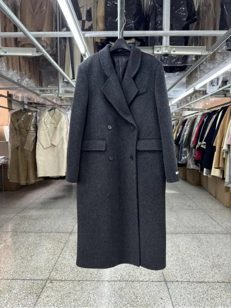 

Shoulder Pad Office Lady Woolen Jackets 2024 Autumn And Winter Double-Breasted Elegant Loose Long Women's 100% Wool Coats
