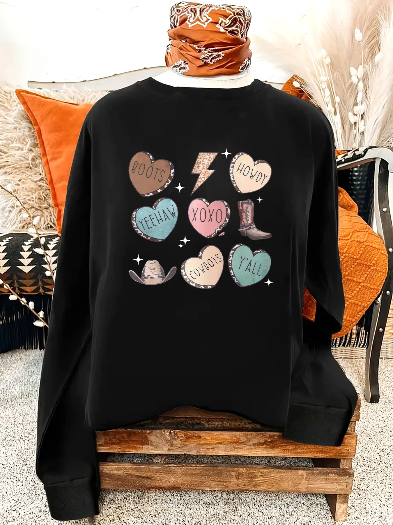 المرأة الغربية الحذاء هوديي الرسم ، أزياء الإناث ، عارضة Crewneck البلوزات ، نمط رعاة البقر ، Y2K