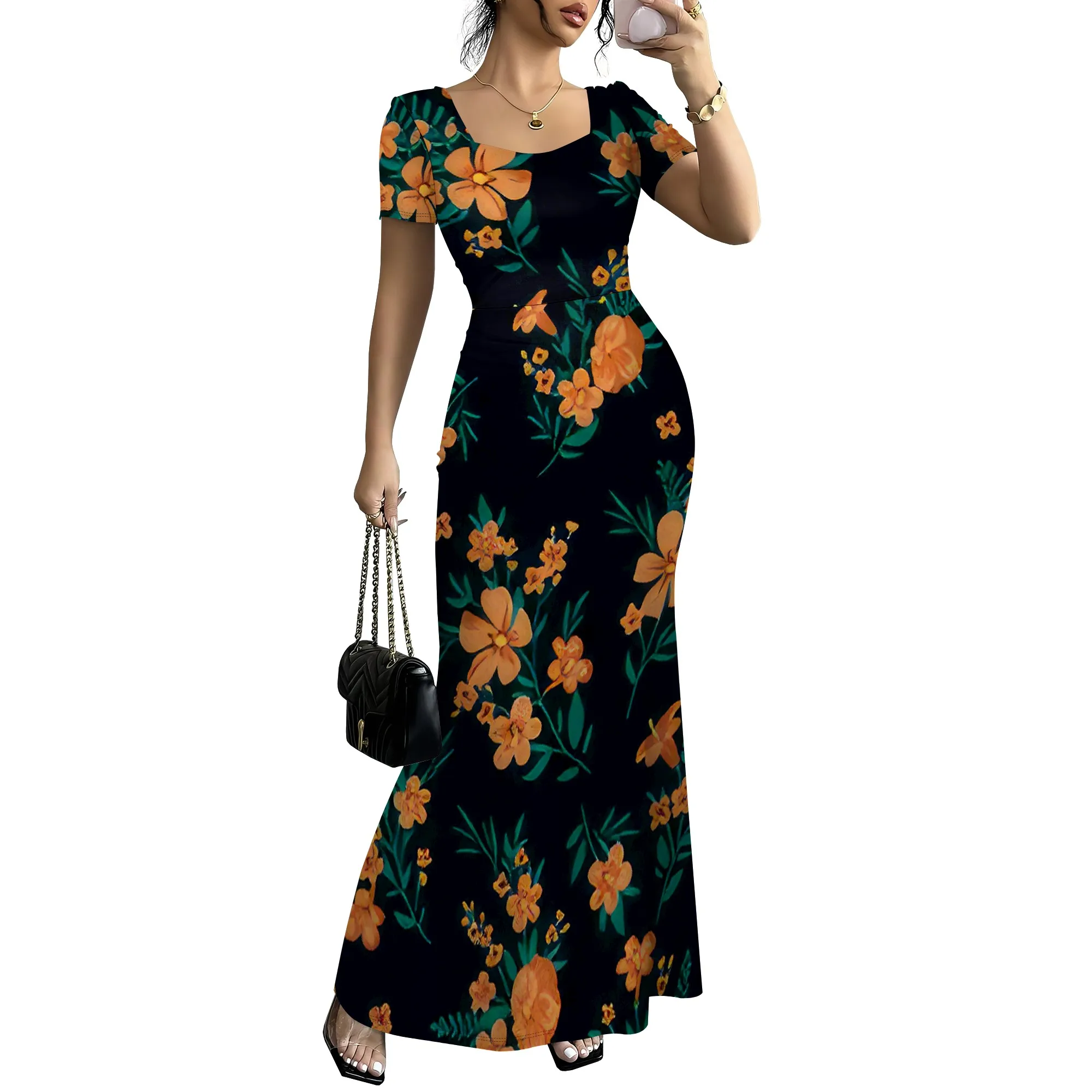 Nupusa ชุดเดรสพิมพ์ลายดอกไม้สําหรับผู้หญิงขนาดมาตรฐานฤดูร้อนลําลองคอสี่เหลี่ยมแขนสั้นชุดแม็กซี่