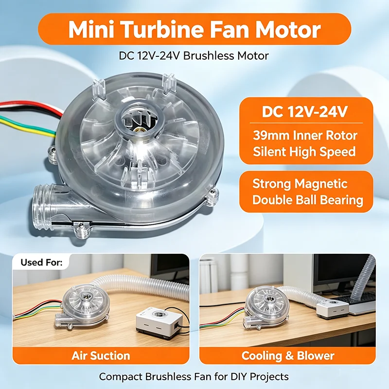 Mini 39mm Inner Rotor Brushless Motor DC 12V-24V Silent High Speed Turbine Fan Motor Strong Magnetic Double Ball Bearing