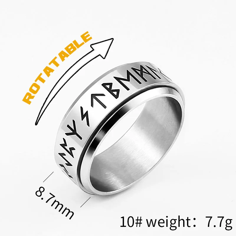 Steel soldier rotating viking rune ring stainless steel men nordic myth religious jewelry